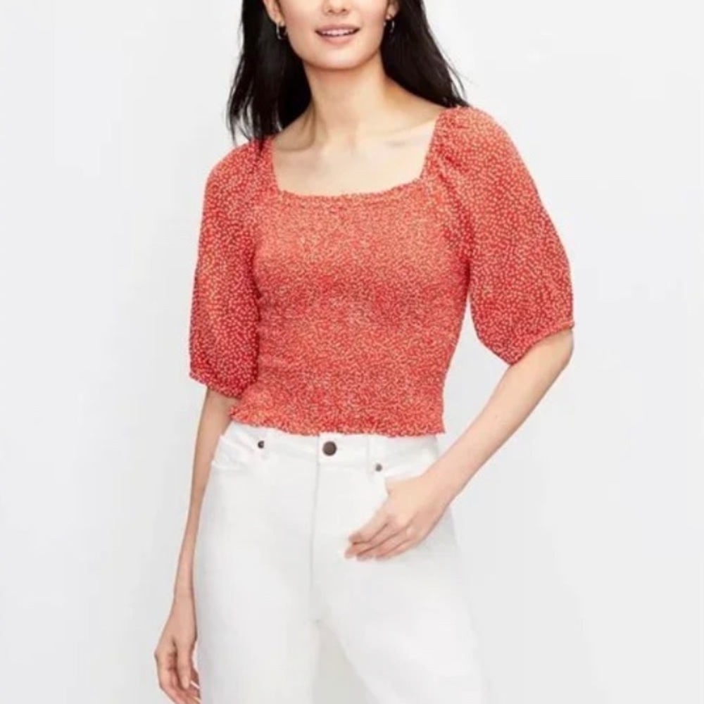 Ann Taylor Loft Smocked Polkadot Blouse